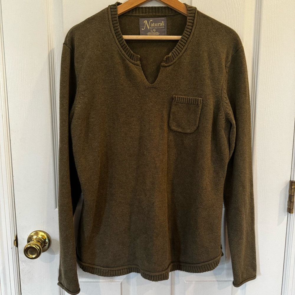 Natural Reflections Split Neck Olive Green Cotton Knit Sweater Women’s Large